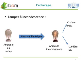 L’éclairage
• Lampes à incandescence :
Chaleur
95%

Courant électrique
Ampoule
au
repos

Ampoule
incandescente

Lumière
5%

12

 