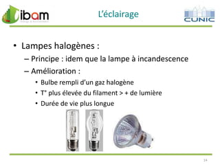 L’éclairage
• Lampes halogènes :
– Principe : idem que la lampe à incandescence
– Amélioration :
• Bulbe rempli d’un gaz halogène
• T° plus élevée du filament > + de lumière
• Durée de vie plus longue

14

 