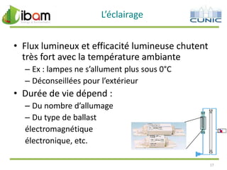 L’éclairage
• Flux lumineux et efficacité lumineuse chutent
très fort avec la température ambiante
– Ex : lampes ne s’allument plus sous 0°C
– Déconseillées pour l’extérieur

• Durée de vie dépend :
– Du nombre d’allumage
– Du type de ballast
électromagnétique
électronique, etc.
17

 