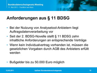 11.05.2011UpDate! Bundesdatenschutzgesetz10Anforderungen aus § 11 BDSGBei der Nutzung von Analysetool-Anbietern liegt Auftragsdatenverarbeitung vorSeit der 2. BDSG-Novelle stellt § 11 BDSG zehn inhaltliche Anforderungen an entsprechende VerträgeWenn kein Individualvertrag vorhanden ist, müssen die gesetzlichen Vorgaben durch AGB des Anbieters erfüllt werdenBußgelder bis zu 50.000 Euro möglich
