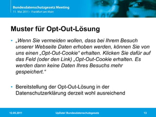 11.05.2011UpDate! Bundesdatenschutzgesetz13Muster für Opt-Out-Lösung„Wenn Sie vermeiden wollen, dass bei Ihrem Besuch unserer Webseite Daten erhoben werden, können Sie von uns einen „Opt-Out-Cookie“ erhalten. Klicken Sie dafür auf das Feld (oder den Link) „Opt-Out-Cookie erhalten. Es werden dann keine Daten Ihres Besuchs mehr gespeichert.“Bereitstellung der Opt-Out-Lösung in der Datenschutzerklärung derzeit wohl ausreichend