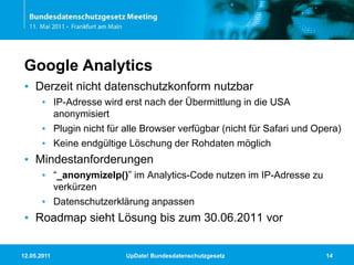 11.05.2011UpDate! Bundesdatenschutzgesetz14Google AnalyticsDerzeit nicht datenschutzkonform nutzbarIP-Adresse wird erst nach der Übermittlung in die USA anonymisiertPlugin nicht für alle Browser verfügbar (nicht für Safari und Opera)Keine endgültige Löschung der Rohdaten möglichMindestanforderungen“_anonymizeIp()” im Analytics-Code nutzen im IP-Adresse zu verkürzenDatenschutzerklärung anpassenRoadmap sieht Lösung bis zum 30.06.2011 vor