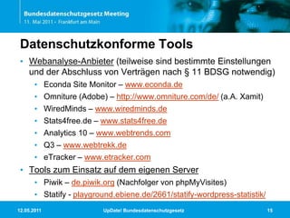 11.05.2011UpDate! Bundesdatenschutzgesetz15Datenschutzkonforme ToolsWebanalyse-Anbieter (teilweise sind bestimmte Einstellungen und der Abschluss von Verträgen nach § 11 BDSG notwendig)Econda Site Monitor – www.econda.deOmniture (Adobe) – http://www.omniture.com/de/ (a.A. Xamit)WiredMinds – www.wiredminds.deStats4free.de – www.stats4free.deAnalytics 10 – www.webtrends.comQ3 – www.webtrekk.deeTracker – www.etracker.comTools zum Einsatz auf dem eigenen ServerPiwik – de.piwik.org (Nachfolger von phpMyVisites)Statify - playground.ebiene.de/2661/statify-wordpress-statistik/