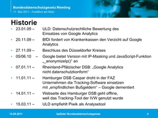 11.05.2011UpDate! Bundesdatenschutzgesetz4Historie23.01.09 –	ULD: Datenschutzrechtliche Bewertung des 					Einsatzes von Google Analytics20.11.09 –	BfDI fordert von Krankenkassen den Verzicht auf Google 			Analytics27.11.09 –	Beschluss des Düsseldorfer Kreises05/06.10    –	Google bietet Version mit IP-Maskingund JavaScript-Funktion 			„_anonymizeIp()” an07.01.11 –	Rheinland-Pfälzischer DSB: „Google Analytics 				nicht datenschutzkonform“11.01.11 –	Hamburger DSB Caspar droht in der FAZ 					Unternehmen die Tracking-Software einsetzen 				mit „empfindlichen Bußgeldern“ – Google dementiert14.01.11 –	Webseite des Hamburger DSB geht offline, 					weil das Tracking-Tool der IVW genutzt wurde15.03.11 –	ULD empfiehlt Piwik als Analysetool