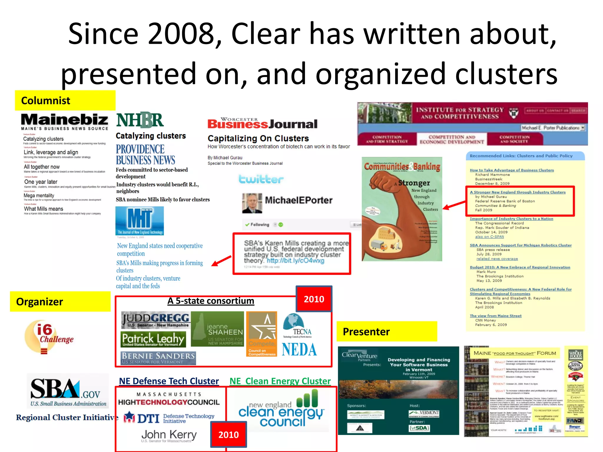 Since 2008, Clear has written about,
presented on, and organized clusters
Presenter
Organizer
Columnist
A 5-state consortium
NE Defense Tech Cluster NE Clean Energy Cluster
2010
2010
 