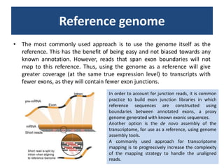 ReferencegenomeThe most commonly used approach is to use the genome itself as the reference. This has the benefit of being easy and not biased towards any known annotation. However, reads that span exon boundaries will not map to this reference. Thus, using the genome as a reference will give greater coverage (at the same true expression level) to transcripts with fewer exons, as they will contain fewer exon junctions.In order to account for junction reads, it is common practice to build exon junction libraries in which reference sequences are constructed using boundaries between annotated exons, a proxy genome generated with known exonic sequences.Another option is the de novo assembly of the transcriptome, for use as a reference, using genome assembly tools.A commonly used approach for transcriptome mapping is to progressively increase the complexity of the mapping strategy to handle the unaligned reads.