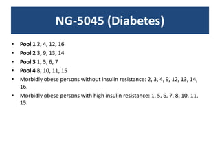 NG-5045 (Diabetes)Pool 1 2, 4, 12, 16 Pool 2 3, 9, 13, 14 Pool 3 1, 5, 6, 7 Pool 4 8, 10, 11, 15Morbidly obese persons without insulin resistance: 2, 3, 4, 9, 12, 13, 14, 16.Morbidly obese persons with high insulin resistance: 1, 5, 6, 7, 8, 10, 11, 15.