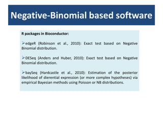 DESeq (Anders and Huber, 2010): Exact test based on Negative Binomial distribution.