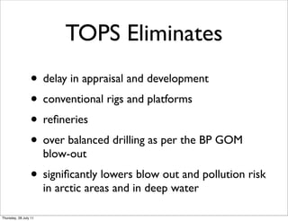 TOPS Eliminates
                 • delay in appraisal and development
                 • conventional rigs and platforms
                 • reﬁneries
                 • over balanced drilling as per the BP GOM
                       blow-out
                 • signiﬁcantly lowers blow out and pollution risk
                       in arctic areas and in deep water

Thursday, 28 July 11
 