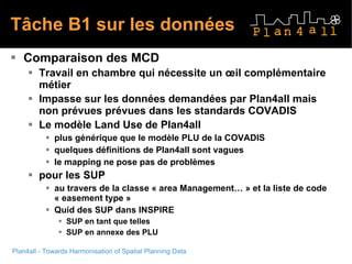 Tâche B1 sur les données Comparaison des MCD Travail en chambre qui nécessite un œil complémentaire métier Impasse sur les données demandées par Plan4all mais non prévues prévues dans les standards COVADIS Le modèle Land Use de Plan4all  plus générique que le modèle PLU de la COVADIS quelques définitions de Plan4all sont vagues le mapping ne pose pas de problèmes pour les SUP  au travers de la classe « area Management… » et la liste de code « easement type » Quid des SUP dans INSPIRE  SUP en tant que telles  SUP en annexe des PLU 