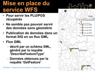 Mise en place du serv ice  WFS Pour servir les PLU/POS récupérés Ne semble pas pouvoir servir des données sans géométrie Publication de données dans un format SIG en un flux GML  Flux GML  décrit par un schéma XML, généré par la requête ‘DescribeFeatureType’ Données obtenues par la requête ‘GetFeature’ 