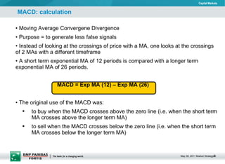 Moving Average Convergene Divergence Purpose = to generate less false signals Instead of looking at the crossings of price with a MA, one looks at the crossings of 2 MAs with a different timeframe A short term exponential MA of 12 periods is compared with a longer term exponential MA of 26 periods. MACD = Exp MA (12) – Exp MA (26) The original use of the MACD was:  to buy when the MACD crosses above the zero line (i.e. when the short term MA crosses above the longer term MA) to sell when the MACD crosses below the zero line (i.e. when the short term MA crosses below the longer term MA) MACD: calculation 