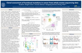 Poster	template	courtesy	Faculty	&	Curriculum	Support	(FACS),	Georgetown	University	School	of	Medicine	
		
Clonal	assessment	of	func.onal	muta.ons	in	cancer	from	whole-exome	sequencing	data
In cancer, clonal evolution is characterized based on
single nucleotide variants and copy number alterations.
Previous methods accepted as input all variants
predicted by variant-callers, regardless of differences in
dispersion of variant allele frequencies (VAFs) due to
uneven depth of coverage and possible presence of
strand bias, prohibiting accurate inference of clonal
architecture. We present a general framework for
assignment of functional mutations to specific cancer
clones, which is based on distinction between passenger
variants with expected low dispersion of VAF versus
putative functional variants, which may not be used for
the reconstruction of cancer clonal architecture but can
be assigned to inferred clones at the final stage. It takes
into account VAFs and genotypes of corresponding
regions together with information about normal cell.
	Abstract	
Student:	Xingzhi	Chen1;	Faculty	Advisor:	Xiaogang	(Simon)	Zhong,	PhD1,2	
1Department	of	BiostaKsKcs,	BioinformaKcs,	and	BiomathemaKcs,	;	2Lombardi	Comprehensive	Cancer	Center;	Georgetown	University	Medical	Center,	Washington,	DC 20057 		
on a binomial distribution:
where d is the depth of coverage of the variation, f is the
number of reads supporting the variant and c is the
sample contamination by normal cells. We then write the
log likelihood function to maximize
Where are weights of the possibility computed for a
corresponding genotype
By adding weights that for each variant sum to one, we
favor mutations with the lowest number of copies. Each
mutation is then attributed to its most likely possibility,
which is the possibility with highest probability to
belong to a clone. The number of clones is determined
by minimization of the Bayesian Information Criterion
(BIC). Priors can be provided by the user, randomly
generated or determined by the k-medoids clustering on
mutations.
Fig1, Nine mutation clusters corresponding to inferred
clones are shown in different colors.
Results	
Discussions	
References	
Roth, A., Khattra, J., Yap, D., Wan, A., Laks, E., Biele, J., Ha,
G., Aparicio, S., Bouchard-Côté, A., and Shah, S. P., et al. ,
2014. PyClone: statistical inference of clonal population
structure in cancer. Nature Methods , 11 (4):396_398.
 Jiao, W., Vembu, S., Deshwar, A. G., Stein, L., and Morris,
Q., 2014. Inferring clonal evolution of tumors from single
nucleotide somatic mutations. BMC Bioinformatics , 15 (1):
35.
Khurana, E., Fu, Y., Colonna, V., Mu, X. J., Kang, H. M.,
Lappalainen, T., Sboner, A., Lochovsky, L., Chen, J.,
Harmanci, A., et al. , 2013. Integrative Annotation of Variants
from 1092 Humans: Application to Cancer Genomics. Science
(New York, N.Y.) , 342 (6154):1235587.
	
In the framework of this study, we carried out Illumina
paired-end sequencing for 22 neuroblastoma patients
(tumor tissue at diagnosis, relapse and constitutional
DNA). DNA material for each patient (lymphocytes,
primary tumors and relapse tumors) was in each case
sequenced using Illumina HiSeq 2500 instruments to an
average depth of coverage of 80 by Beijing Genomics
Institute (BGI). Sequenced reads were mapped to the
human genome hg19 using BWA, reads then were
realigned around indels with the Genome Analysis
ToolKit, followed by a base recalibration, and mutations
were called using Varscan2.
We performs clustering of cellular prevalence values of
mutations defined by , where is the cellular
prevalence, the number of copies of the
corresponding locus, NC the number of chromosomal
copies bearing the mutation, and P the tumor purity. We
use an EM algorithm based on the probability to observe
a specific number of reads confirming a mutation given
the number of reads overlapping the position, the
contamination and the cellularity of a clone. In more
detail, we attribute to each possibility a probability to
observe f reads supporting the variant given that the
latter belongs to a clone of cellular prevalence , based
Methods	
Fig2, Illustration of the rule for assignment of mutations
to (i) the ancestral clones (ii) clones expanding after the
treatment and (iii) shrinking clones.
Fig3, Absolute numbers and proportions of deleterious
mutations in gene maps and modules in the ancestral
clones, and clones expanding and shrinking at relapse.
	
Here we propose a framework to detect functional
mutations in cancer samples and associate the mutations
to their corresponding clonal structure. It allows
reconstruction of clonal populations based on both
variant allele frequencies and genotype information. It
is based on two central ideas. First, high-reliability
passenger mutations must be used to reconstruct the
clonal structure of tumors samples; then, low coverage
functional mutations (with high variance in VAFs)
should be mapped onto the inferred clonal structure.
Second, we suggest to limit the set of functional
mutations to those in genes known to be associated with
cancer (e.g., Cancer Census genes) or to those in genes
from gene modules/pathways frequently disrupted in a
given cancer type.
In this application, we excluded information about SVs
and indels due to the low mapping. In the future, the
sensitivity can be improved by using higher depth of
coverage data and combining the paired-end datasets
with reads produced with the mate-pair protocol or with
long PacBio reads.
	
θ =
VAF × NCh
NC × P
	
NCh
	
P( f |θ) =
d
f
⎛
⎝
⎜
⎞
⎠
⎟
θ × NC(1− c)
NCh
⎛
⎝⎜
⎞
⎠⎟
f
×
1− (θ × NC(1− c))
Nch
⎛
⎝⎜
⎞
⎠⎟
d− f
	
L = ωi,p
ti,k
log Pi,s,p
( fi,s,p
|θk,s
)
p
∑
s
∑
k
∑
i
∑ ,
	
ωi,p
	
ωi,p
=
xs
NCi,s,p
⎛
⎝
⎜
⎜
⎞
⎠
⎟
⎟
+
ys
NCi,s,p
⎛
⎝
⎜
⎜
⎞
⎠
⎟
⎟
2
NChs
s
∏
 