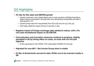 Q3 Highlights 
9 
 2% like for like sales and EBITDA growth 
 Growth continued in the United States and in most countries of Middle East Africa 
while volumes contracted in Europe with more demanding comparable and after a 
solid growth in H1 
 Cement prices were firm sequentially from Q2 to Q3 and are up 2.2% yoy 
 CO2 sales offset the impact of loss of volumes in Iraq 
 Negative impact of foreign exchange rates started to reduce, with a 3% 
non-cash translational impact on Q3 EBITDA 
 Cost reduction and innovation measures continue to progress, slightly 
penalized in Q3 by timing effect on costs; on track with our full year 
objective 
 €135m generated in Q3; €425m YTD; total target of €600m for the year 
 Adjusted for one-offs(1), Net income Group share is stable 
 €1.4bn of divestments secured to date; €0.9bn are to be received mostly in 
Q4 
(1) Adjusted for one-time gains on divestments and merger-related costs 
 