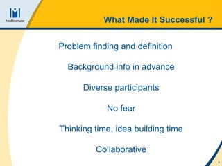 What Made It Successful ? Problem finding and definition Background info in advance Diverse participants No fear Thinking time, idea building time Collaborative 