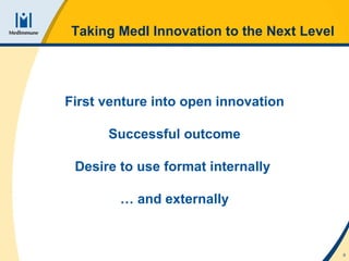 Taking MedI Innovation to the Next Level First venture into open innovation Successful outcome Desire to use format internally  …  and externally 