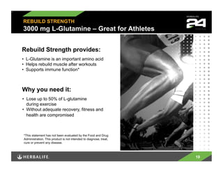 REBUILD STRENGTH
3000 mg L-Glutamine – Great for Athletes


Rebuild Strength provides:
•  L-Glutamine is an important amino acid
•  Helps rebuild muscle after workouts
•  Supports immune function*



Why you need it:
• Lose up to 50% of L-glutamine
   during exercise
•  Without adequate recovery, fitness and
   health are compromised



*This statement has not been evaluated by the Food and Drug
Administration. This product is not intended to diagnose, treat,
cure or prevent any disease.



                                                                   19
 