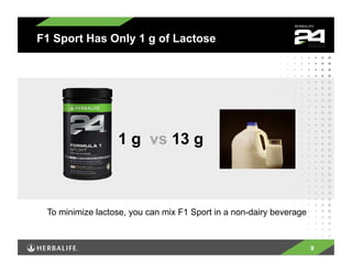 F1 Sport Has Only 1 g of Lactose




                  1 g vs 13 g



 To minimize lactose, you can mix F1 Sport in a non-dairy beverage



                                                                     9
 