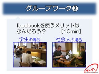 facebookを使うメリットは
なんだろう？      [10min]
学生の場合      社会人の場合
 