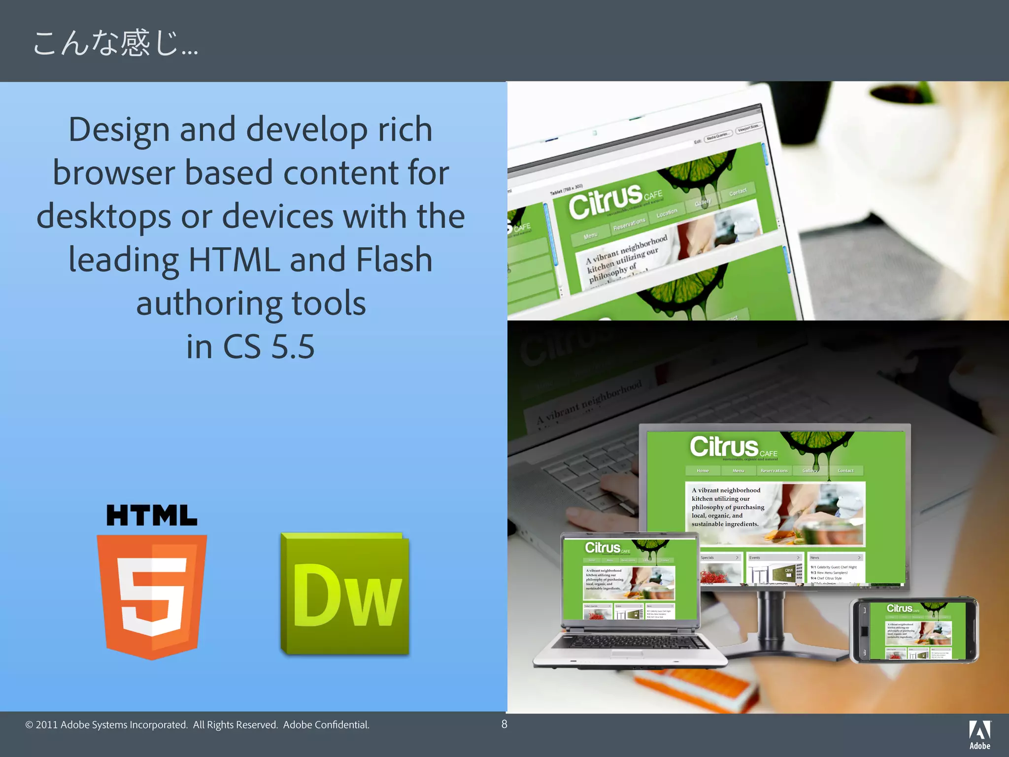 Design and develop rich
browser based content for
desktops or devices with the
leading HTML and Flash
authoring tools
in CS 5.5