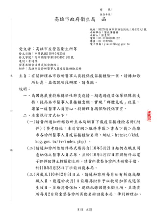 受文者：高雄市左營區衛生所等
發文日期：中華民國110年5月25日
發文字號：高市衛醫字第11034901201號
速別：普通件
密等及解密條件或保密期限：
附件：高雄市各診所醫事人員疫苗接種險名冊
主旨：有關辦理本市診所醫事人員投保疫苗接種險一案，請轉知診
所知悉，並依說明段辦理，請查照。
說明：
一、為因應嚴重特殊傳染性肺炎疫情，期透過疫苗保單保障與支
持，提高本市醫事人員接種意願，實現「群體免疫」政策，
讓第一線醫事人員安心，特辦理旨揭保險投保事宜。
二、本案執行方式如下：
(一)請貴所通知所轄診所至本局網頁下載疫苗接種險名冊(附
件)（參考路徑：本局官網＞服務專區＞書表下載＞高雄
市各診所醫事人員疫苗接種險名冊，網址：https://khd.
kcg.gov.tw/tw/index.php）。
(二)請通知診所依附件格式填具自110年5月21日起仍在職且同
意納保之醫事人員名單，並於110年5月27日前將附件以電
子郵件回傳至轄區衛生所。請貴所彙整各診所清冊電子檔，
於110年5月28日下班前回復本局。
(三)另截至110年12月31日止，請通知診所每月如有新進或離
職人員，最遲於次月1日前填具附件予以敘明加保或退保
生效日，並檢具勞保加、退保紀錄回傳至衛生所，並請貴
所每月2日前彙整各診所異動名冊回復本局，俾利辦理加、
...........................................................................................................
裝
...............................................................
訂
.....................................................................
線
...............................................................................................
檔 號：
保存年限：
第1頁 共2頁
高雄市政府衛生局 函
地址：80276高雄市苓雅區凱旋二路132之1號
承辦單位：醫政事務科
承辦人：陳意閔
電話：07-7134000#6132
傳真：07-7242966
電子信箱：yimin12@kcg.gov.tw
 