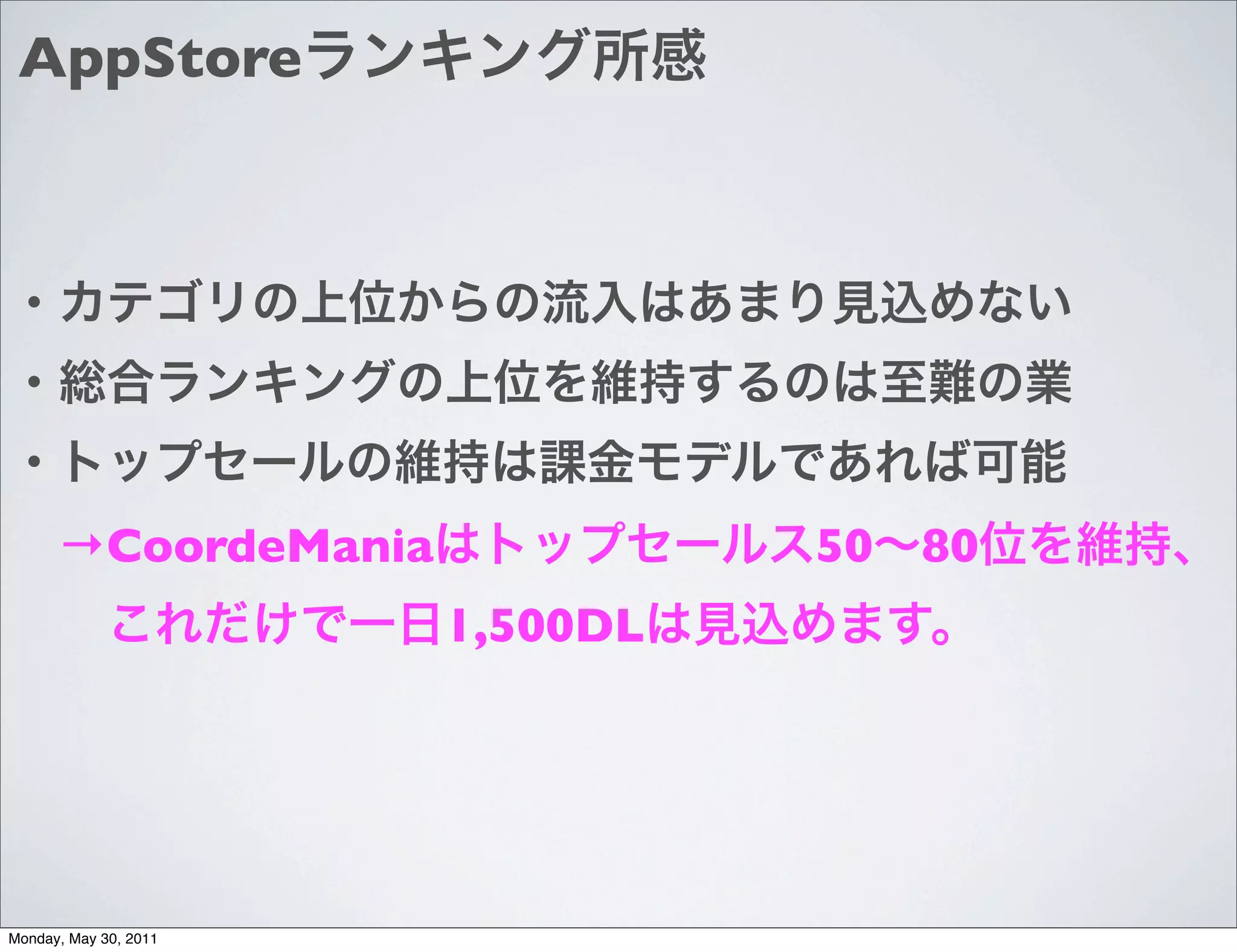 AppStore




      →CoordeMania               50   80
                       1,500DL




Monday, May 30, 2011
 