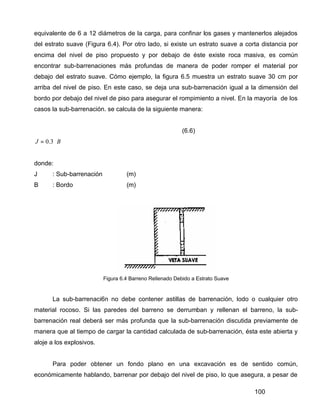 100
equivalente de 6 a 12 diámetros de la carga, para confinar los gases y mantenerlos alejados
del estrato suave (Figura 6.4). Por otro lado, si existe un estrato suave a corta distancia por
encima del nivel de piso propuesto y por debajo de éste existe roca masiva, es común
encontrar sub-barrenaciones más profundas de manera de poder romper el material por
debajo del estrato suave. Cómo ejemplo, la figura 6.5 muestra un estrato suave 30 cm por
arriba del nivel de piso. En este caso, se deja una sub-barrenación igual a la dimensión del
bordo por debajo del nivel de piso para asegurar el rompimiento a nivel. En la mayoría de los
casos la sub-barrenación. se calcula de la siguiente manera:
(6.6)
BJ ⋅= 3.0
donde:
J : Sub-barrenación (m)
B : Bordo (m)
Figura 6.4 Barreno Rellenado Debido a Estrato Suave
La sub-barrenaci6n no debe contener astillas de barrenación, lodo o cualquier otro
material rocoso. Si las paredes del barreno se derrumban y rellenan el barreno, la sub-
barrenación real deberá ser más profunda que la sub-barrenación discutida previamente de
manera que al tiempo de cargar la cantidad calculada de sub-barrenación, ésta este abierta y
aloje a los explosivos.
Para poder obtener un fondo plano en una excavación es de sentido común,
económicamente hablando, barrenar por debajo del nivel de piso, lo que asegura, a pesar de
 