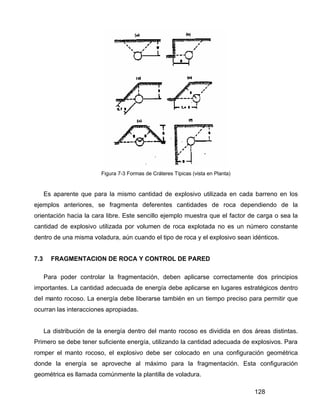 128
Figura 7-3 Formas de Cráteres Típicas (vista en Planta)
Es aparente que para la mismo cantidad de explosivo utilizada en cada barreno en los
ejemplos anteriores, se fragmenta deferentes cantidades de roca dependiendo de la
orientación hacia la cara libre. Este sencillo ejemplo muestra que el factor de carga o sea la
cantidad de explosivo utilizada por volumen de roca explotada no es un número constante
dentro de una misma voladura, aún cuando el tipo de roca y el explosivo sean idénticos.
7.3 FRAGMENTACION DE ROCA Y CONTROL DE PARED
Para poder controlar la fragmentación, deben aplicarse correctamente dos principios
importantes. La cantidad adecuada de energía debe aplicarse en lugares estratégicos dentro
del manto rocoso. La energía debe liberarse también en un tiempo preciso para permitir que
ocurran las interacciones apropiadas.
La distribución de la energía dentro del manto rocoso es dividida en dos áreas distintas.
Primero se debe tener suficiente energía, utilizando la cantidad adecuada de explosivos. Para
romper el manto rocoso, el explosivo debe ser colocado en una configuración geométrica
donde la energía se aproveche al máximo para la fragmentación. Esta configuración
geométrica es llamada comúnmente la plantilla de voladura.
 