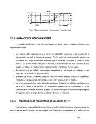 134
Figura 7-4 Distribución de la Fragmentación Predicha y Real
7.3.5 LIMITANTE DEL MODELO KUZ-RAM
Un modelo simple cómo éste, requiere de precaución en su uso y deben entenderse los
siguientes factores:
o La relación S/B (espaciamiento / bordo) es aplicable solamente a la función de la
barrenación, no así al tiempo de retardo. Por lo tanto, el espaciamiento siempre se
considera a lo largo de la hilera mientras que el bordo se considera la distancia entre
hileras, las cuales están paralelas a la cara. La distribución en esta voladura nunca
puede ser tal que la relación entre espaciamiento y bordo sea mayor a dos.
o Se asume que se utilizan secuencias razonables en el tiempo de retardo lo que
mejorará o mantendrá la fragmentación.
o El explosivo deberá, de hecho, producir una cantidad de energía cercana a su potencia
relativa por peso para los diámetros que se estén utilizando en el trabajo.
o La estructura geológica, especialmente en el caso de las juntas débiles que tienen una
separación menor a la plantilla de barrenación, puede afectar la distribución de los
tamaños. Los tamaños máximos pueden ser controlados por características geológicas
en lugar de por la energía de los explosivos durante la voladura.
7.3.5.1 EFECTOS DE LOS PARAMETROS DE VOLADURA EN “N"
Normalmente es deseable tener una fragmentación uniforme en una voladura, evitando
tanto el exceso de finos cómo las piedras grandes. Si esto ha de obtenerse, son preferibles los
 
