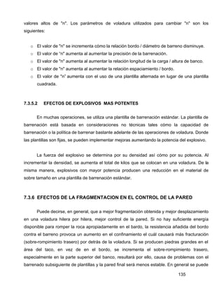 135
valores altos de "n". Los parámetros de voladura utilizados para cambiar "n" son los
siguientes:
o El valor de "n" se incrementa cómo la relación bordo / diámetro de barreno disminuye.
o El valor de “n" aumenta al aumentar la precisión de la barrenación.
o El valor de "n" aumenta al aumentar la relación longitud de la carga / altura de banco.
o El valor de "n" aumenta al aumentar la relación espaciamiento / bordo.
o El valor de "n” aumenta con el uso de una plantilla alternada en lugar de una plantilla
cuadrada.
7.3.5.2 EFECTOS DE EXPLOSIVOS MAS POTENTES
En muchas operaciones, se utiliza una plantilla de barrenación estándar. La plantilla de
barrenación está basada en consideraciones no técnicas tales cómo la capacidad de
barrenación o la política de barrenar bastante adelante de las operaciones de voladura. Donde
las plantillas son fijas, se pueden implementar mejoras aumentando la potencia del explosivo.
La fuerza del explosivo se determina por su densidad así cómo por su potencia. Al
incrementar la densidad, se aumenta el total de kilos que se colocan en una voladura. De la
misma manera, explosivos con mayor potencia producen una reducción en el material de
sobre tamaño en una plantilla de barrenación estándar.
7.3.6 EFECTOS DE LA FRAGMENTACION EN EL CONTROL DE LA PARED
Puede decirse, en general, que a mejor fragmentación obtenida y mejor desplazamiento
en una voladura hilera por hilera, mejor control de la pared. Si no hay suficiente energía
disponible para romper la roca apropiadamente en el bardo, la resistencia añadida del bordo
contra el barreno provoca un aumento en el confinamiento el cuál causará más fracturación
(sobre-rompimiento trasero) por detrás de la voladura. Si se producen piedras grandes en el
área del taco, en vez de en el bordo, se incrementa el sobre-rompimiento trasero,
especialmente en la parte superior del banco, resultará por ello, causa de problemas con el
barrenado subsiguiente de plantillas y la pared final será menos estable. En general se puede
 