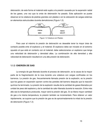 15
detonación; de esta forma el material está sujeto a la presión causada por la expansión radial
de los gases, una vez que la onda de detonación ha pasado. Esta aplicación se puede
observar en la voladura de piedras grandes con plasteo o en la colocación de cargas externas
en elementos estructurales durante demoliciones (Figura 1.2)
Figura 1.2 Voladura con Plasteo
Para usar al máximo la presión de detonación es deseable tener la mayor área de
contacto posible ente el explosivo y el material. El explosivo debe ser iniciado en el extremo
opuesto al que está en contacto con el material; debe seleccionarse un explosivo que tenga
una velocidad de detonación y densidad altas. La combinación de alta densidad y alta
velocidad de detonación resultará en una alta presión de detonación.
1.1.3 ENERGÍA DE GAS
La energía de gas liberada durante el proceso de detonación, es la causa de la mayor
parte de la fragmentación de la roca durante una voladura con cargas confinadas en los
barrenos. La presión de gas, frecuentemente llamada presión de la explosión, es la presión
que los gases en expansión oponen contra las paredes del barreno después que la reacción
química ha terminado. La presión de la explosión resulta de la cantidad de gases liberados por
unidad de peso del explosivo y de la cantidad de calor liberada durante la reacción. Entre más
alta sea la temperatura producida, mayor será la presión del gas. Si se libera mayor cantidad
de gas a la misma temperatura, la presión también se incrementará. Para obtener un valor
rápidamente, se supone que la presión de gas es de aproximadamente la mitad de la presión
de detonación (Figura 1.3)
 
