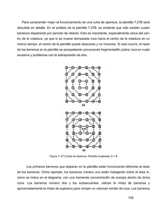 159
Para comprender mejor el funcionamiento de una cuña de apertura, la plantilla 7.27B será
discutida en detalle. En el análisis de la plantilla 7.27B, es evidente que sólo existen cuatro
barrenos disparando por período de retardo. Esto es importante, especialmente cerca del cen-
tro de la voladura, ya que si se mueve demasiada roca hacia el centro de la voladura en un
mismo tiempo, el centro de la plantilla puede atascarse y no moverse. Si esto ocurre, el resto
de los barrenos en la plantilla se escopetearán provocando fragmentad6n pobre, roca en vuelo
excesiva y problemas con la sobrepresión de aire.
Figura 7~27 Cuñas de Apertura. Plantilla Cuadrada1 S = B
Los primeros barrenos que disparan en la plantilla están funcionando diferente al resto
de los barrenos. Cómo ejemplo, los barrenos número uno están trabajando sobre el área A1
cómo se indica en el diagrama, con una tremenda concentraci6n de energía dentro de dicha
zona. Los barrenos número dos y los subsecuentes, utilizan la mitad de barrenos y
aproximadamente la mitad de explosivo para romper un volumen similar de roca. Los barrenos
 
