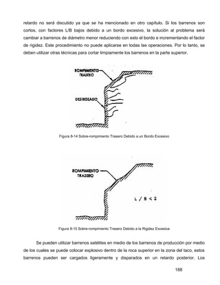 188
retardo no será discutido ya que se ha mencionado en otro capítulo. Si los barrenos son
cortos, con factores L/B bajos debido a un bordo excesivo, la solución al problema será
cambiar a barrenos de diámetro menor reduciendo con esto el bordo e incrementando el factor
de rigidez. Este procedimiento no puede aplicarse en todas las operaciones. Por lo tanto, se
deben utilizar otras técnicas para cortar limpiamente los barrenos en la parte superior.
Figura 8-14 Sobre-rompimiento Trasero Debido a un Bordo Excesivo
Figura 8-15 Sobre-rompimiento Trasero Debido a la Rigidez Excesiva
Se pueden utilizar barrenos satélites en medio de los barrenos de producción por medio
de los cuales se puede colocar explosivo dentro de la roca superior en la zona del taco, estos
barrenos pueden ser cargados ligeramente y disparados en un retardo posterior. Los
 