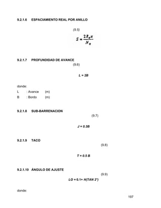 197
9.2.1.6 ESPACIAMIENTO REAL POR ANILLO
(9.5)
9.2.1.7 PROFUNDIDAD DE AVANCE
(9.6)
L = 2B
donde:
L : Avance (m)
B : Bordo (m)
9.2.1.8 SUB-BARRENACION
(9.7)
J = 0.3B
9.2.1.9 TACO
(9.8)
T = 0.5 B
9.2.1.10 ÁNGULO DE AJUSTE
(9.9)
LO = 0.1+ H(TAN 2°)
donde:
 