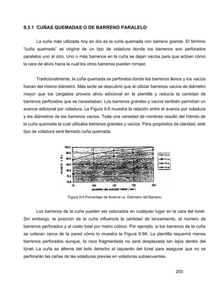 203
9.3.1 CUÑAS QUEMADAS O DE BARRENO PARALELO
La cuña más utilizada hoy en día es la cuña quemada con barreno grande. El término
"cuña quemada” se origina de un tipo de voladura donde los barrenos son perforados
paralelos uno al otro. Uno o más barrenos en la cuña se dejan vacíos para que actúen cómo
la cara de alivio hacia la cual los otros barrenos pueden romper.
Tradicionalmente, la cuña quemada se perforaba donde los barrenos llenos y los vacíos
fueran del mismo diámetro. Más tarde se descubrió que al utilizar barrenos vacíos de diámetro
mayor que los cargados proveía alivio adicional en la plantilla y reducía la cantidad de
barrenos perforados que se necesitaban. Los barrenos grandes y vacíos también permitían un
avance adicional por voladura. La Figura 9.8 muestra la relación entre el avance por voladura
y los diámetros de los barrenos vacíos. Toda una variedad de nombres resultó del híbrido de
la cuña quemada la cual utilizaba barrenos grandes y vacíos. Para propósitos de claridad, este
tipo de voladura será llamado cuña quemada.
Figura 9.4 Porcentaje de Avance vs. Diámetro del Barreno
Los barrenos de la cuña pueden ser colocados en cualquier lugar en la cara del túnel.
Sin embargo, la posición de la cuña influencia la cantidad de lanzamiento, el número de
barrenos perforados y el costo total por metro cúbico. Por ejemplo, si los barrenos de la cuña
se colocan cerca de la pared cómo lo muestra la Figura 9.9A. La plantilla requerirá menos
barrenos perforados aunque, la roca fragmentada no será desplazada tan lejos dentro del
túnel. La cuña se alterna del lado derecho al izquierdo del túnel para asegurar que no se
perforarán las cañas de las voladuras previas en voladuras subsecuentes.
 