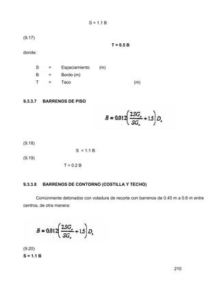 210
S = 1.1 B
(9.17)
T = 0.5 B
donde:
S = Espaciamiento (m)
B = Bordo (m)
T = Taco (m)
9.3.3.7 BARRENOS DE PISO
(9.18)
S = 1.1 B
(9.19)
T = 0.2 B
9.3.3.8 BARRENOS DE CONTORNO (COSTILLA Y TECHO)
Comúnmente detonados con voladura de recorte con barrenos de 0.45 m a 0.6 m entre
centros, de otra manera:
(9.20)
S = 1.1 B
 