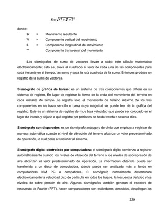 229
donde:
R = Movimiento resultante
V = Componente vertical del movimiento
L = Componente longitudinal del movimiento
T Componente transversal del movimiento
Los sismógrafos de suma de vectores llevan a cabo este cálculo matemático
electrónicamente; esto es, eleva al cuadrado el valor de cada una de las componentes para
cada instante en el tiempo, las sumo y saca la raíz cuadrada de la suma. Entonces produce un
registro de la suma de vectores.
Sismógrafo de gráfica de barras: es un sistema de tres componentes que difiere en su
sistema de registro. En lugar de registrar la forma de la onda del movimiento del terreno en
cada instante de tiempo, se registra sólo el movimiento de terreno máximo de los tres
componentes en un trazo sencillo o barra cuya magnitud se puede leer de la gráfica del
registro. Este es un sistema de registro de muy baja velocidad que puede ser colocado en el
lugar de interés y dejado a qué registre por períodos de hasta treinta o sesenta días.
Sismógrafo con disparador: es un sismógrafo análogo o de cinta que empieza a registrar de
manera automática cuando el nivel de vibración del terreno alcanza un valor predeterminado
de operación, lo cual pone a funcionar al sistema.
Sismógrafo digital controlado por computadora: el sismógrafo digital comienza a registrar
automáticamente cuándo los niveles de vibración del terreno o los niveles de sobrepresión de
aire alcanzan el valor predeterminado de operación. La información obtenida puede ser
transferida a un disco de computadora, donde puede ser analizada más a fondo en
computadoras IBM PC o compatibles. El sismógrafo normalmente determinará
electrónicamente la velocidad pico de partícula en todos los trazos, la frecuencia del pico y los
niveles de sobre presión de aire. Algunos sismógrafos también generan el espectro de
respuesta de Fourier (FFT), hacen comparaciones con estándares conocidos, despliegan los
 