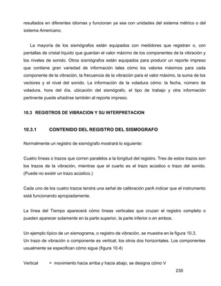 230
resultados en diferentes idiomas y funcionan ya sea con unidades del sistema métrico o del
sistema Americano.
La mayoría de los sismógrafos están equipados con medidores que registran o, con
pantallas de cristal líquido que guardan el valor máximo de los componentes de la vibración y
los niveles de sonido. Otros sismógrafos están equipados para producir un reporte impreso
que contiene gran variedad de información tales cómo los valores máximos para cada
componente de la vibración, la frecuencia de la vibración para el valor máximo, la suma de los
vectores y el nivel del sonido. La información de la voladura cómo: la fecha, número de
voladura, hora del día, ubicación del sismógrafo, el tipo de trabajo y otra información
pertinente puede añadirse también al reporte impreso.
10.3 REGISTROS DE VIBRACION Y SU INTERPRETACION
10.3.1 CONTENIDO DEL REGISTRO DEL SISMOGRAFO
Normalmente un registro de sismógrafo mostrará lo siguiente:
Cuatro líneas o trazos que corren paralelos a la longitud del registro. Tres de estos trazos son
los trazos de la vibración, mientras que el cuarto es el trazo acústico o trazo del sonido.
(Puede no existir un trazo acústico.)
Cada uno de los cuatro trazos tendrá una señal de calibración parA indicar que el instrumento
está funcionando apropiadamente.
La línea del Tiempo aparecerá cómo líneas verticales que cruzan el registro completo o
pueden aparecer solamente en la parte superior, la parte inferior o en ambos.
Un ejemplo típico de un sismograma, o registro de vibración, se muestra en la figura 10.3.
Un trazo de vibración o componente es vertical, los otros dos horizontales. Los componentes
usualmente se especifican cómo sigue (figura 10.4)
Vertical = movimiento hacia arriba y hacia abajo, se designa cómo V
 