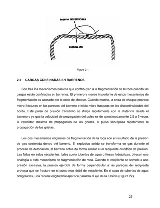 25
Figura 2.1
2.2 CARGAS CONFINADAS EN BARRENOS
Son tres los mecanismos básicos que contribuyen a la fragmentación de la roca cuándo las
cargas están confinadas en barrenos. El primero y menos importante de estos mecanismos de
fragmentación es causado por la onda de choque. Cuando mucho, la onda de choque provoca
micro fracturas en las paredes del barreno e inicia micro fracturas en las discontinuidades del
bordo. Este pulso de presión transitorio se disipa rápidamente con la distancia desde el
barreno y ya que la velocidad de propagación del pulso es de aproximadamente 2,5 a 5 veces
la velocidad máxima de propagación de las grietas, el pulso sobrepasa rápidamente la
propagación de las grietas.
Los dos mecanismos originales de fragmentación de la roca son el resultado de la presión
de gas sostenida dentro del barreno. El explosivo sólido se transforma en gas durante el
proceso de detonación, el barreno actúa de forma similar a un recipiente cilíndrico de presión.
Las fallas en estos recipientes, tales como tuberías de agua o líneas hidráulicas, ofrecen una
analogía a este mecanismo de fragmentación de roca. Cuando el recipiente se somete a una
presión excesiva, la presión ejercida de forma perpendicular a las paredes del recipiente
provoca que se fracture en el punto más débil del recipiente. En el caso de tuberías de agua
congeladas, una ranura longitudinal aparece paralela al eje de la tubería (Figura 22).
 