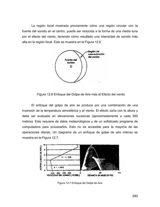 280
La región local mostrada previamente cómo una región circular con la
fuente del sonido en el centro, puede ser reducida a la forma de una media luna
por el efecto del viento, teniendo cómo resultado una intensidad de sonido más
alta en la región focal. Esto se muestra en la Figura 12.6.
Figura 12.6 Enfoque del Golpe de Aire más el Efecto del viento
El enfoque del golpe de aire se produce por una combinación de una
inversión de la temperatura atmosférica y el viento. El efecto varía con la altura y
debe ser evaluado en elevaciones sucesivas (aproximadamente a cada 300
metros). Esto requiere de datos meteorológicos y de un sofisticado programa de
computadora para procesarlos. Esto no es accesible para la mayoría de las
operaciones diarias. Un diagrama de un enfoque de golpe de aire intenso se
muestra en la Figura 12.7.
Figura 12-7 Enfoque del Golpe de Aire
 