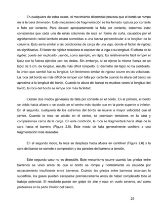 29
En cualquiera de estos casos, el movimiento diferencial provoca que el bordo se rompa
en la tercera dimensión. Este mecanismo de fragmentación se ha llamado ruptura por cortante
o fallo por cortante. Para discutir apropiadamente la falla por cortante, debemos estar
conscientes que cada una de estas columnas de roca en forma de cuña, causados por el
agrietamiento radial también estará sometidas a una fuerza perpendicular a la longitud de la
columna. Esto sería similar a las condiciones de carga de una viga, donde el factor de rigidez
es significativo. El factor de rigidez relaciona el espesor de la viga a su longitud. El efecto de la
rigidez puede ser explicado usando, como ejemplo, un lápiz. Es relativamente fácil romper el
lápiz con la fuerza ejercida con los dedos. Sin embargo, si se ejerce la misma fuerza en un
lápiz de 5 cm. de longitud, resulta más difícil romperlo. El diámetro del lápiz no ha cambiado,
lo único que cambió fue su longitud. Un fenómeno similar de rigidez ocurre en las voladuras.
La roca del bordo es más difícil de romper con falla por cortante cuando la altura del banco se
aproxima a la longitud del bordo. Cuando la altura del banco es muchas veces la longitud del
bordo, la roca del bordo se rompe con más facilidad.
Existen dos modos generales de falla por cortante en el bordo. En el primero, el bordo
se dobla hacia afuera o se abulta en el centro más rápido que en la parte superior o inferior.
En el segundo, cualquiera de los extremos del bordo se mueve a mayor velocidad que el
centro. Cuando la roca se abulta en el centro, se provocan tensiones en la cara y
compresiones cerca de la carga. En esta condición, la roca se fragmentará hacia atrás de la
cara hasta el barreno (Figura 2.5). Este modo de falla generalmente conlleva a una
fragmentación más deseable.
En el segundo modo, la roca se desplaza hacia afuera en cantiliver (Figura 2.6) y la
cara del banco se somete a compresión y las paredes del barreno a tensión.
Este segundo caso no es deseable. Este mecanismo ocurre cuando las grietas entre
barrenos se unen antes de que el bordo se rompa y normalmente es causado por
espaciamiento insuficiente entre barrenos. Cuándo las grietas entre barrenos alcanzan la
superficie, los gases pueden escaparse prematuramente antes de haber completado todo el
trabajo potencial. El resultado puede ser golpe de aire y roca en vuelo severos, así como
problemas en la parte inferior del banco.
 
