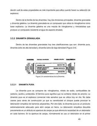 49
decidir cuál de estas propiedades es más importante para ellos cuando hacen su selección de
explosivo.
Dentro de la familia de las dinamitas, hay dos divisiones principales: dinamita granulada
y dinamita gelatina. La dinamito granulada es un compuesto que utiliza la nitroglicerina como
base explosiva. La dinamita gelatina es una mezcla de nitroglicerina y nitrocelulosa que
produce un compuesto resistente al agua de aspecto ahulado.
3.3.2 DINAMITA GRANULADA
Dentro de las dinamitas granuladas hoy tres clasificaciones que son: dinamita pura,
dinamita extra de alta densidad y dinamita extra de baja densidad (Figura 3.4).
Figura 3.4 características de la Dinamita.
3.3.2.1 DINAMITA PURA
La dinamita pura se compone de: nitroglicerina, nitrato de sodio, combustibles de
carbono, azufre y antiácidos. El término pura significa que no contiene nitrato de amonio. La
dinamito pura es el explosivo comercial más sensitivo que se utiliza hoy en día. No debe
usarse para obras de construcción ya que su sensitividad al choque puede provocar la
detonación simpática de barrenos adyacentes. Por otro lado, la dinamita pura es un producto
extremadamente adecuado para abrir zanjas en tierra. La detonación simpática discutida
previamente es un atributo en apertura de zanjas ya que elimina la necesidad de un detonador
en cada barreno. En la apertura de zanjas, normalmente se usa un detonador en el primer
 