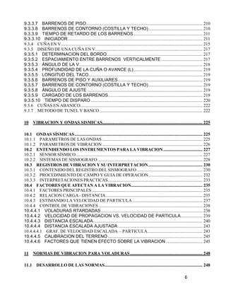 6
9.3.3.7 BARRENOS DE PISO..................................................................................................... 210
9.3.3.8 BARRENOS DE CONTORNO (COSTILLA Y TECHO)............................................... 210
9.3.3.9 TIEMPO DE RETARDO DE LOS BARRENOS............................................................ 211
9.3.3.10 INICIADOR..................................................................................................................... 211
9.3.4 CUÑA EN V........................................................................................................................... 215
9.3.5 DISEÑO DE UNA CUÑA EN V............................................................................................. 217
9.3.5.1 DETERMINACION DEL BORDO................................................................................... 217
9.3.5.2 ESPACIAMIENTO ENTRE BARRENOS VERTICALMENTE.................................... 217
9.3.5.3 ÁNGULO DE LA V........................................................................................................... 218
9.3.5.4 PROFUNDIDAD DE LA CUÑA O AVANCE (L)............................................................ 219
9.3.5.5 LONGITUD DEL TACO................................................................................................... 219
9.3.5.6 BARRENOS DE PISO Y AUXILIARES ......................................................................... 219
9.3.5.7 BARRENOS DE CONTORNO (COSTILLA Y TECHO)............................................... 219
9.3.5.8 ÁNGULO DE AJUSTE .................................................................................................... 219
9.3.5.9 CARGADO DE LOS BARRENOS.................................................................................. 219
9.3.5.10 TIEMPO DE DISPARO ................................................................................................. 220
9.3.6 CUÑAS EN ABANICO.......................................................................................................... 222
9.3.7 METODO DE TUNEL Y BANCO ......................................................................................... 222
10 VIBRACION Y ONDAS SISMICAS....................................................................................... 225
10.1 ONDAS SÍSMICAS............................................................................................................... 225
10.1.1 PARAMETROS DE LAS ONDAS ....................................................................................... 225
10.1.2 PARAMETROS DE VIBRACION ....................................................................................... 226
10.2 ENTENDIENDO LOS INSTRUMENTOS PARA LA VIBRACION.................................. 227
10.2.1 SENSOR SÍSMICO.............................................................................................................. 227
10.2.2 SISTEMAS DE SISMOGRAFO........................................................................................... 228
10.3 REGISTROS DE VIBRACION Y SU INTERPRETACION............................................... 230
10.3.1 CONTENIDO DEL REGISTRO DEL SISMOGRAFO......................................................... 230
10.3.2 PROCEDIMIENTO DE CAMPO Y GUIA DE OPERACION............................................... 232
10.3.3 INTERPRETACIONES PRACTICAS.................................................................................. 233
10.4 FACTORES QUE AFECTAN A LA VIBRACION.............................................................. 235
10.4.1 FACTORES PRINCIPALES ................................................................................................ 235
10.4.2 RELACION CARGA - DISTANCIA.................................................................................... 235
10.4.3 ESTIMANDO LA VELOCIDAD DE PARTICULA............................................................. 237
10.4.4 CONTROL DE VIBRACIONES .......................................................................................... 238
10.4.4.1 VOLADURAS RTARDADAS........................................................................................ 238
10.4.4.2 VELOCIDAD DE PROPAGACION VS. VELOCIDAD DE PARTICULA................... 239
10.4.4.3 DISTANCIA ESCALADA............................................................................................... 240
10.4.4.4 DISTANCIA ESCALADA AJUSTADA ......................................................................... 243
10.4.4.4.1 GRAF. DE VELOCIDAD ESCALADA – PARTICULA................................................ 243
10.4.4.5 CALIBRACION DEL TERRENO .................................................................................. 245
10.4.4.6 FACTORES QUE TIENEN EFECTO SOBRE LA VIBRACION................................ 245
11 NORMAS DE VIBRACION PARA VOLADURAS............................................................... 248
11.1 DESARROLLO DE LAS NORMAS..................................................................................... 248
 