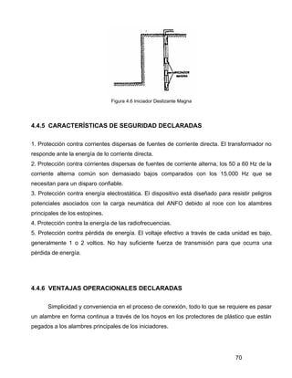 70
Figura 4.6 Iniciador Deslizante Magna
4.4.5 CARACTERÍSTICAS DE SEGURIDAD DECLARADAS
1. Protección contra corrientes dispersas de fuentes de corriente directa. El transformador no
responde ante la energía de lo corriente directa.
2. Protección contra corrientes dispersas de fuentes de corriente alterna, los 50 a 60 Hz de la
corriente alterna común son demasiado bajos comparados con los 15.000 Hz que se
necesitan para un disparo confiable.
3. Protección contra energía electrostática. El dispositivo está diseñado para resistir peligros
potenciales asociados con la carga neumática del ANFO debido al roce con los alambres
principales de los estopines.
4. Protección contra la energía de las radiofrecuencias.
5. Protección contra pérdida de energía. El voltaje efectivo a través de cada unidad es bajo,
generalmente 1 o 2 voltios. No hay suficiente fuerza de transmisión para que ocurra una
pérdida de energía.
4.4.6 VENTAJAS OPERACIONALES DECLARADAS
Simplicidad y conveniencia en el proceso de conexión, todo lo que se requiere es pasar
un alambre en forma continua a través de los hoyos en los protectores de plástico que están
pegados a los alambres principales de los iniciadores.
 