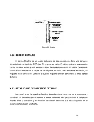 73
Figura 4.8 Detaline
4.6.2 CORDON DETALINE
El cordón Detaline es un cordón detonante de baja energía que tiene una carga de
tetranitrato de pentaeritritol (PETN) de 0.5 gramos por metro. El núcleo explosivo se encuentra
dentro de fibras textiles y está recubierto de un forro plástico continuo. El cordón Detaline no
continuará su detonación a través de un empalme anudado. Para empalmar el cordón, se
requiere de un arrancador Detaline, el cual se requiere también para iniciar la línea troncal
Detaline.
4.6.3 RETARDOS MS DE SUPERFICIE DETALINE
Los retardos ms de superficie Detaline tienen la misma forma que los arrancadores y
contienen un explosivo que se quema a menor velocidad para proporcionar el tiempo de
retardo entre la activación y la iniciación del cordón detonante que está asegurado en el
extremo señalado con una flecha.
 