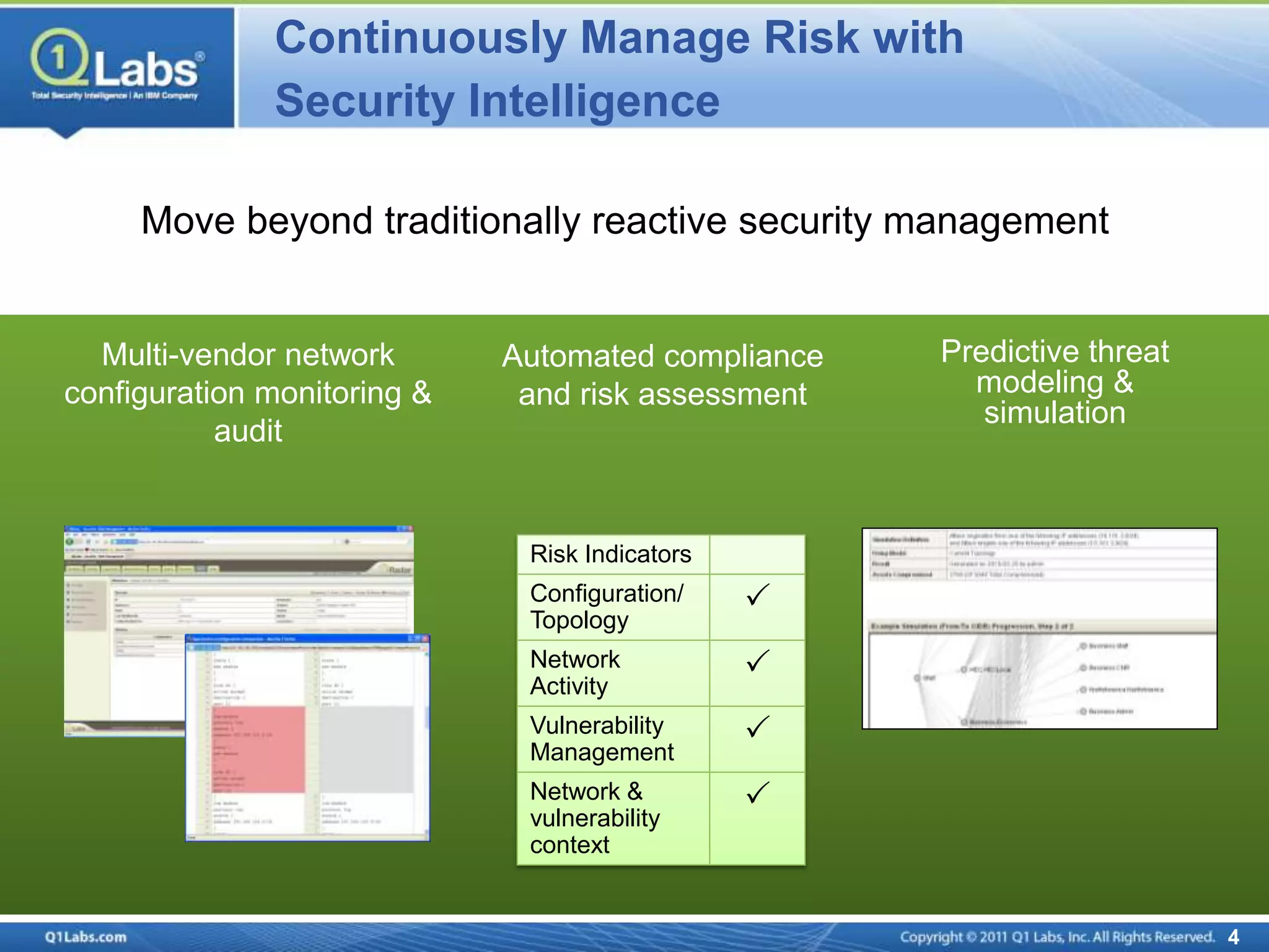 Continuously Manage Risk with
              Security Intelligence

     Move beyond traditionally reactive security management


  Multi-vendor network       Automated compliance   Predictive threat
configuration monitoring &    and risk assessment     modeling &
                                                       simulation
           audit


                              Risk Indicators
                              Configuration/    
                              Topology
                              Network           
                              Activity
                              Vulnerability     
                              Management
                              Network &         
                              vulnerability
                              context


                                                                        4
 