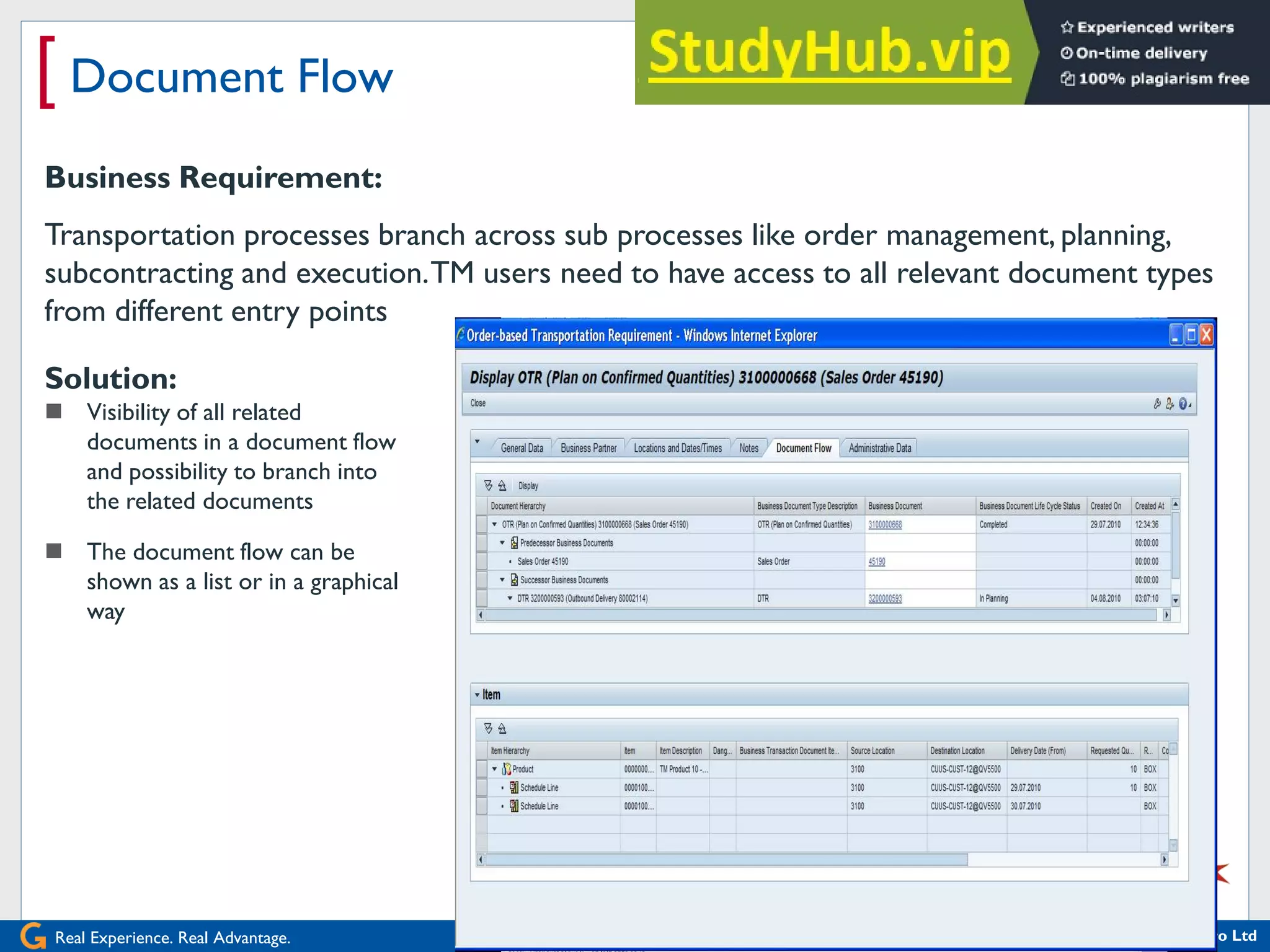 Real Experience. Real Advantage.
[ Document Flow
2008 Wipro Ltd
Business Requirement:
Transportation processes branch across sub processes like order management, planning,
subcontracting and execution.TM users need to have access to all relevant document types
from different entry points
Solution:
 Visibility of all related
documents in a document flow
and possibility to branch into
the related documents
 The document flow can be
shown as a list or in a graphical
way
 