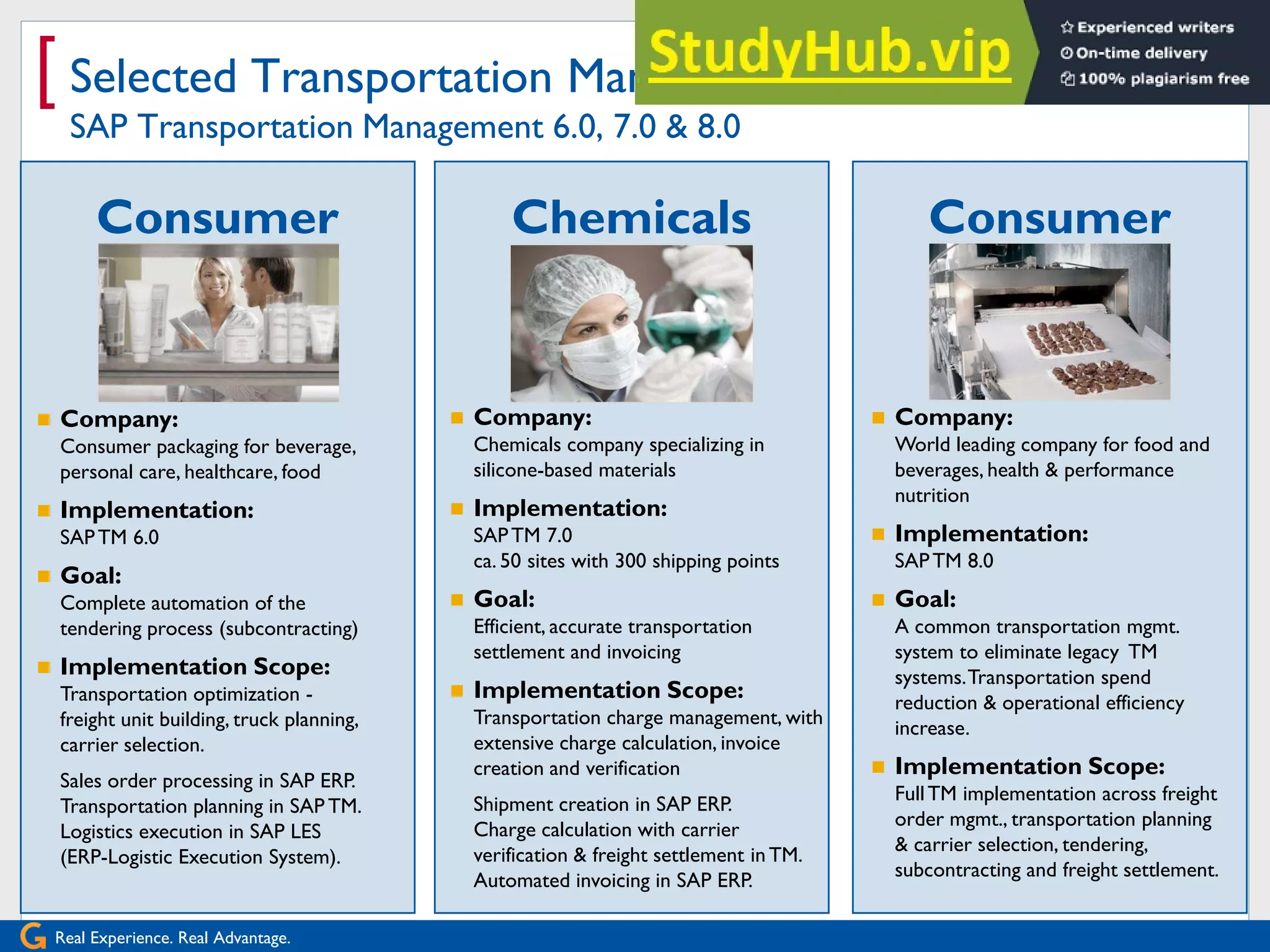 Real Experience. Real Advantage.
[
Chemicals
Consumer
Products
Consumer
Products
 Company:
Chemicals company specializing in
silicone-based materials
 Implementation:
SAPTM 7.0
ca. 50 sites with 300 shipping points
 Goal:
Efficient, accurate transportation
settlement and invoicing
 Implementation Scope:
Transportation charge management, with
extensive charge calculation, invoice
creation and verification
Shipment creation in SAP ERP.
Charge calculation with carrier
verification & freight settlement in TM.
Automated invoicing in SAP ERP.
 Company:
Consumer packaging for beverage,
personal care, healthcare, food
 Implementation:
SAPTM 6.0
 Goal:
Complete automation of the
tendering process (subcontracting)
 Implementation Scope:
Transportation optimization -
freight unit building, truck planning,
carrier selection.
Sales order processing in SAP ERP.
Transportation planning in SAP TM.
Logistics execution in SAP LES
(ERP-Logistic Execution System).
 Company:
World leading company for food and
beverages, health & performance
nutrition
 Implementation:
SAPTM 8.0
 Goal:
A common transportation mgmt.
system to eliminate legacy TM
systems.Transportation spend
reduction & operational efficiency
increase.
 Implementation Scope:
FullTM implementation across freight
order mgmt., transportation planning
& carrier selection, tendering,
subcontracting and freight settlement.
Selected Transportation Management Projects
SAP Transportation Management 6.0, 7.0 & 8.0
 