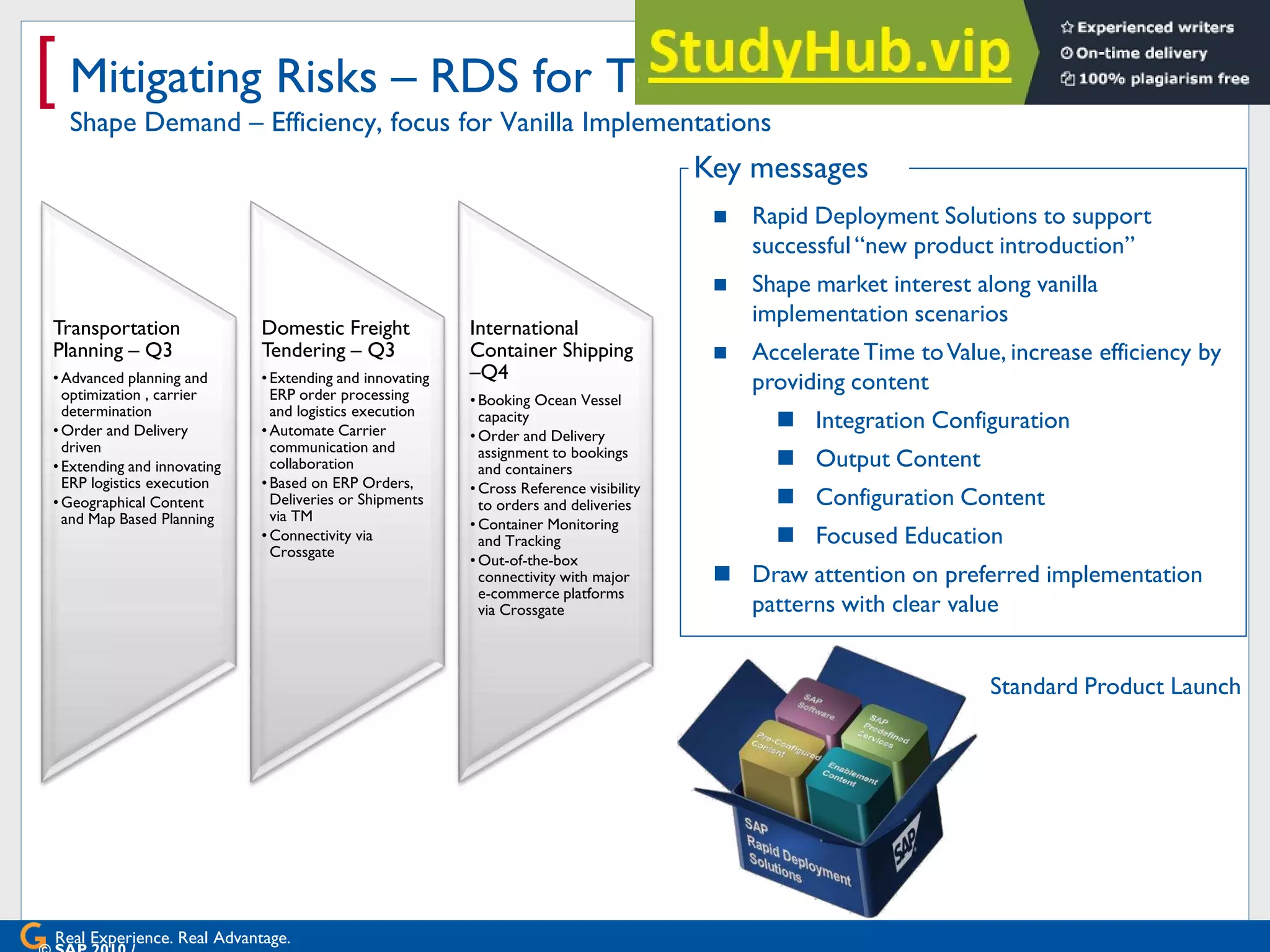 Real Experience. Real Advantage.
[ Mitigating Risks – RDS for TM 8.0
Shape Demand – Efficiency, focus for Vanilla Implementations
 Rapid Deployment Solutions to support
successful “new product introduction”
 Shape market interest along vanilla
implementation scenarios
 AccelerateTime toValue, increase efficiency by
providing content
 Integration Configuration
 Output Content
 Configuration Content
 Focused Education
 Draw attention on preferred implementation
patterns with clear value
Key messages
Standard Product Launch
Transportation
Planning – Q3
• Advanced planning and
optimization , carrier
determination
• Order and Delivery
driven
• Extending and innovating
ERP logistics execution
• Geographical Content
and Map Based Planning
Domestic Freight
Tendering – Q3
• Extending and innovating
ERP order processing
and logistics execution
• Automate Carrier
communication and
collaboration
• Based on ERP Orders,
Deliveries or Shipments
via TM
• Connectivity via
Crossgate
International
Container Shipping
–Q4
• Booking Ocean Vessel
capacity
• Order and Delivery
assignment to bookings
and containers
• Cross Reference visibility
to orders and deliveries
• Container Monitoring
and Tracking
• Out-of-the-box
connectivity with major
e-commerce platforms
via Crossgate
 