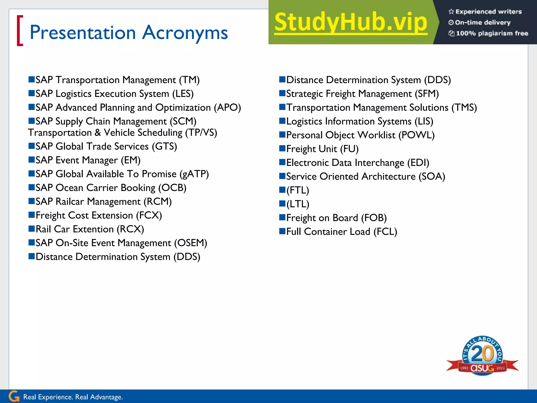 Real Experience. Real Advantage.
[ Presentation Acronyms
SAP Transportation Management (TM)
SAP Logistics Execution System (LES)
SAP Advanced Planning and Optimization (APO)
SAP Supply Chain Management (SCM)
Transportation & Vehicle Scheduling (TP/VS)
SAP Global Trade Services (GTS)
SAP Event Manager (EM)
SAP Global Available To Promise (gATP)
SAP Ocean Carrier Booking (OCB)
SAP Railcar Management (RCM)
Freight Cost Extension (FCX)
Rail Car Extention (RCX)
SAP On-Site Event Management (OSEM)
Distance Determination System (DDS)
Distance Determination System (DDS)
Strategic Freight Management (SFM)
Transportation Management Solutions (TMS)
Logistics Information Systems (LIS)
Personal Object Worklist (POWL)
Freight Unit (FU)
Electronic Data Interchange (EDI)
Service Oriented Architecture (SOA)
(FTL)
(LTL)
Freight on Board (FOB)
Full Container Load (FCL)
 